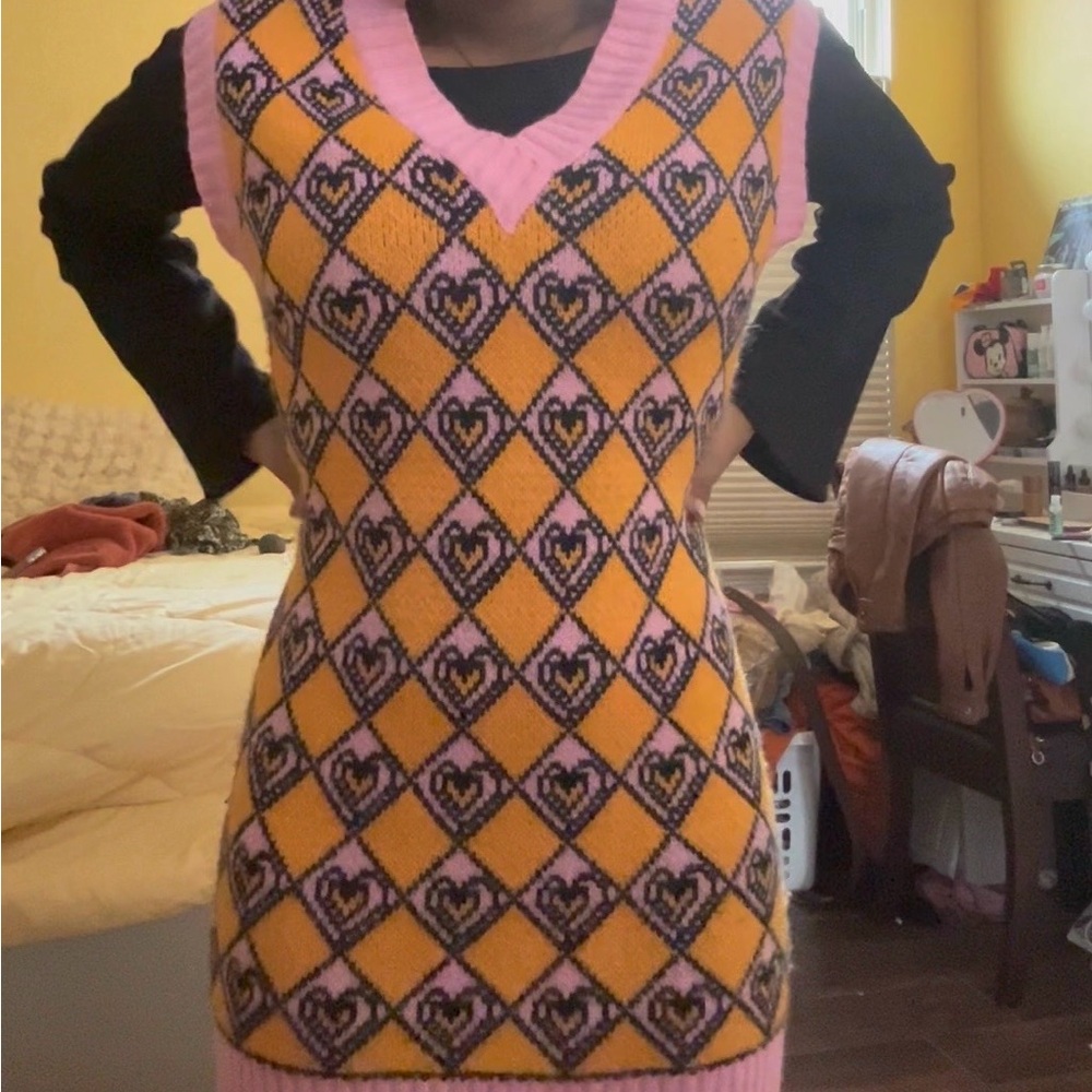 Pink and Yellow Heart Patterned Sweater Vest